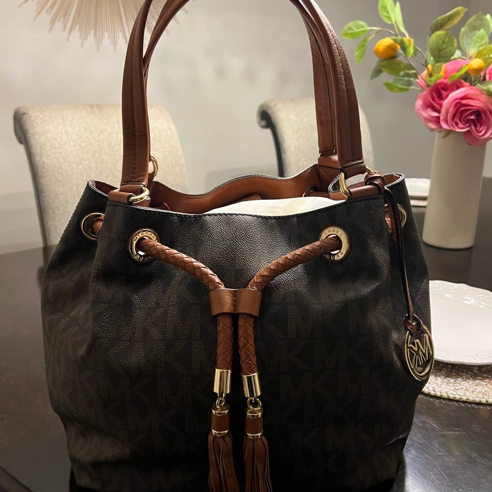 Michael Kors Brown and Black Drawstring Bucket Bag with Monogram Print